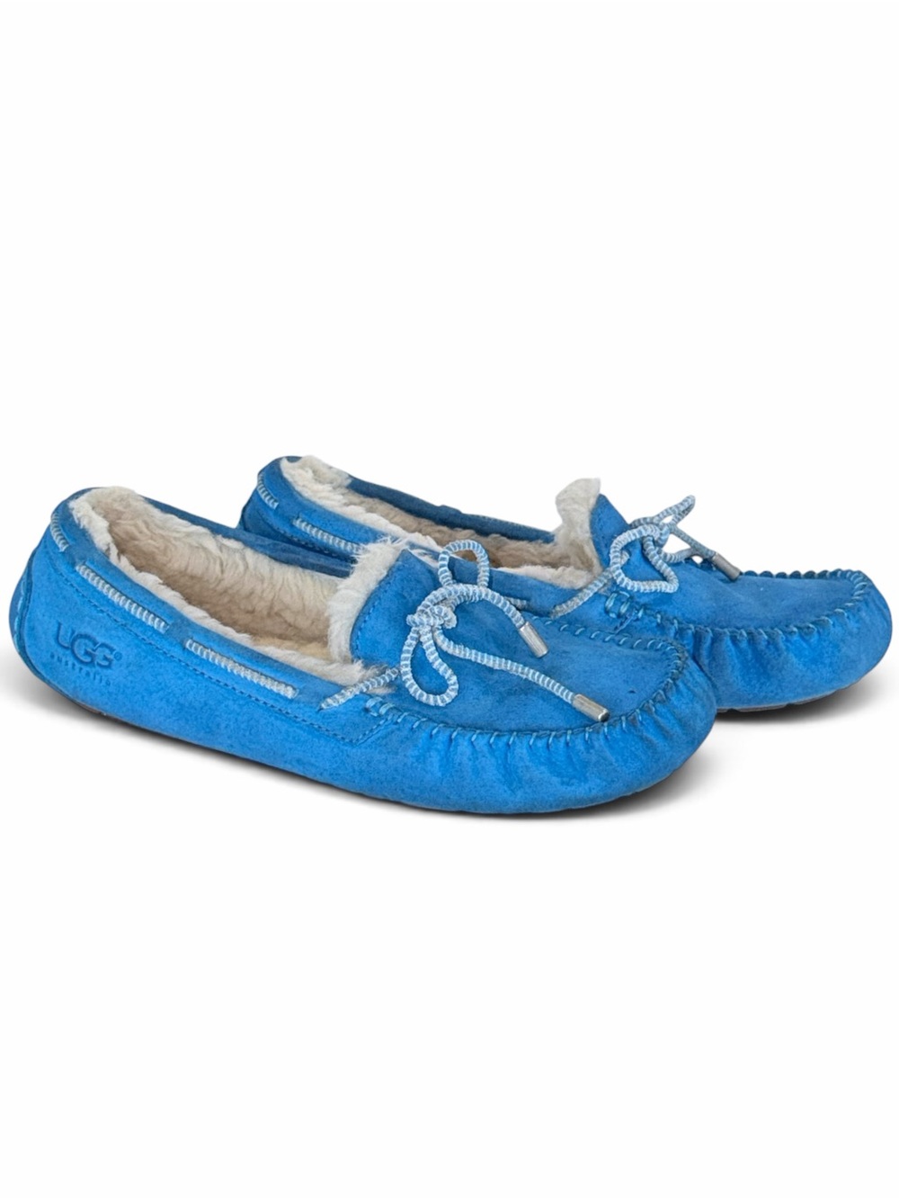 UGG Dakota Suede Fleece Lined Moccasin Slippers Bright Blue Bow Loafers